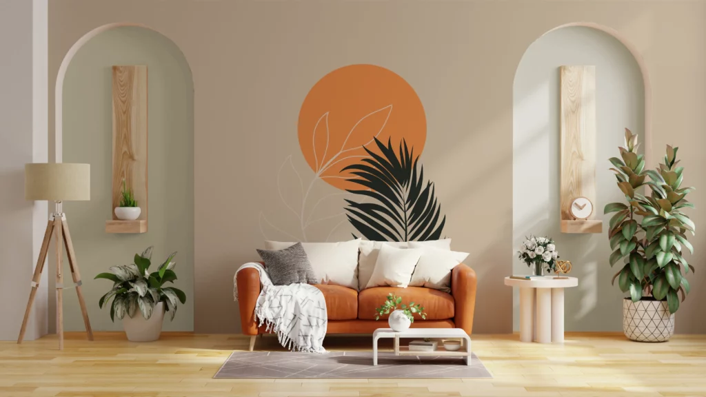 papier-peint-vegetal-feuille-palmier-terracotta-salon