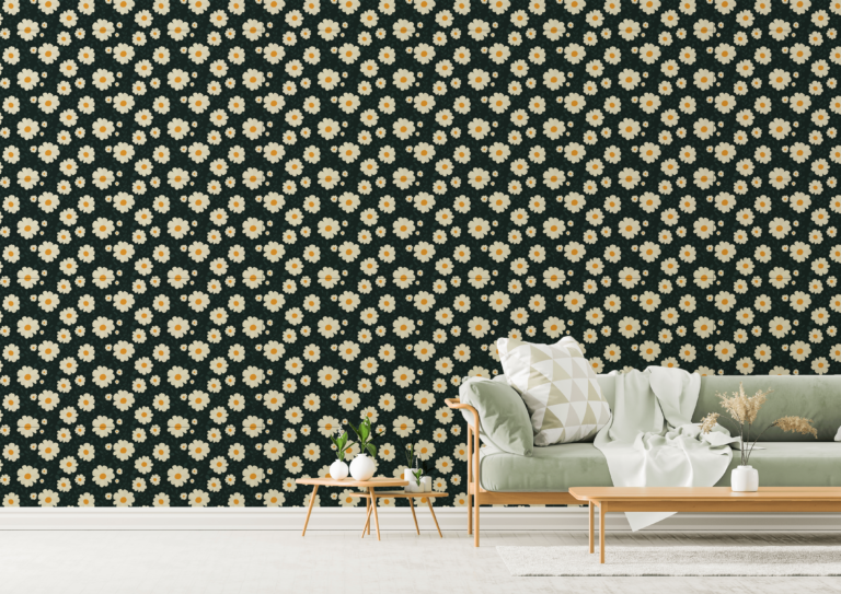 papier-peint-marguerites-vert-foret-style-cottagecore