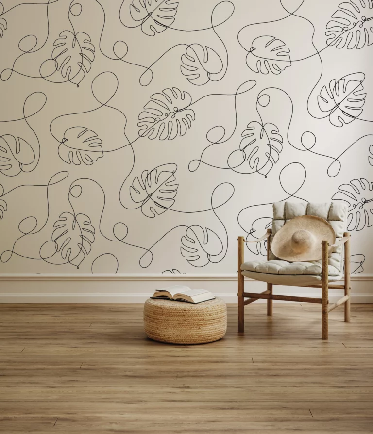 papier-peint-monstera-line-art-noir-fond-beige-style-minimaliste
