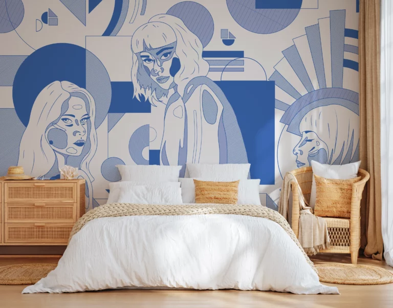 papier-peint-pop-art-visages-geometriques-bleu-chambre-adulte
