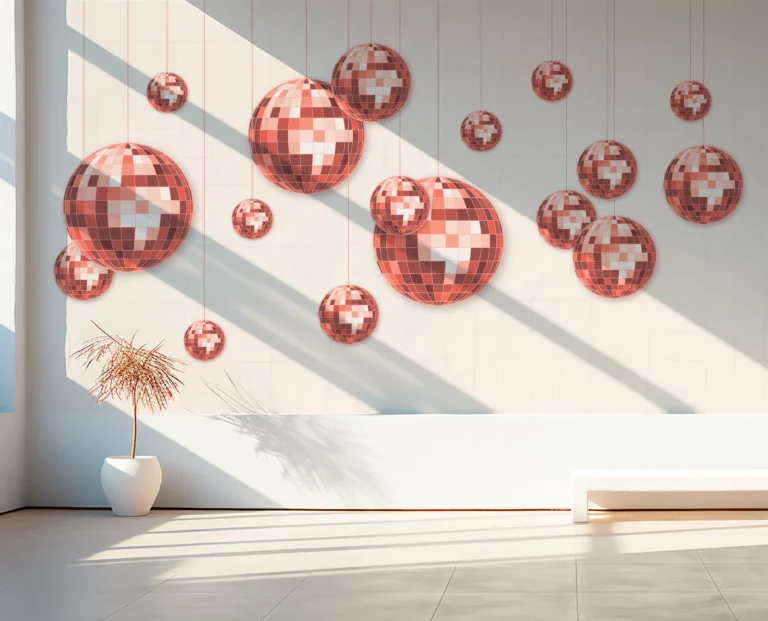papier-peint-pop-boules-facettes-rose-disco-salon-moderne